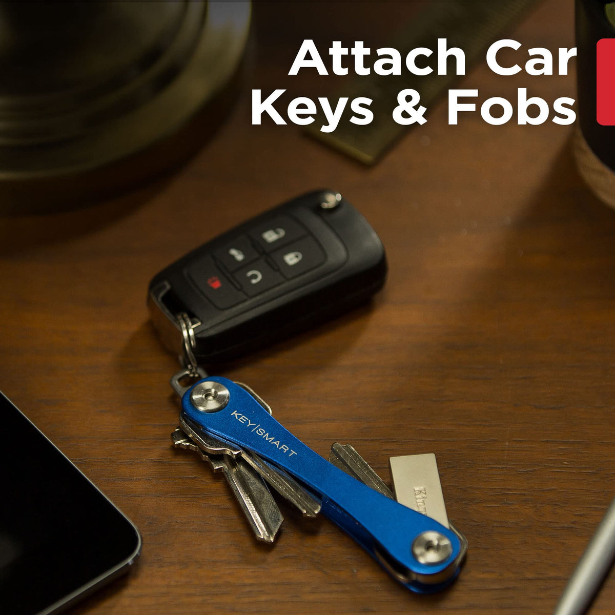 KeySmart Original Key Holder - Compact Key Organizer for Key Chain, Minimalist Clutter-Free EDC Keychains Key Ring, Red Forged Carbon, 14 Keys