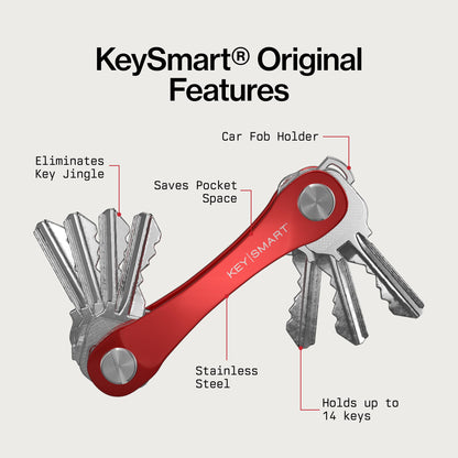 KeySmart Original Key Holder - Compact Key Organizer for Key Chain, Minimalist Clutter-Free EDC Keychains Key Ring, Red Forged Carbon, 14 Keys